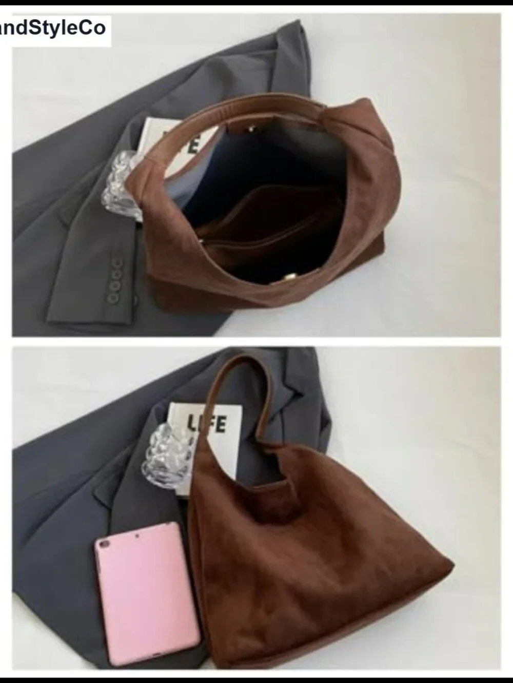 Faux Suede Slouchy Hobo Bag - Retro Shoulder Tote Handbag
